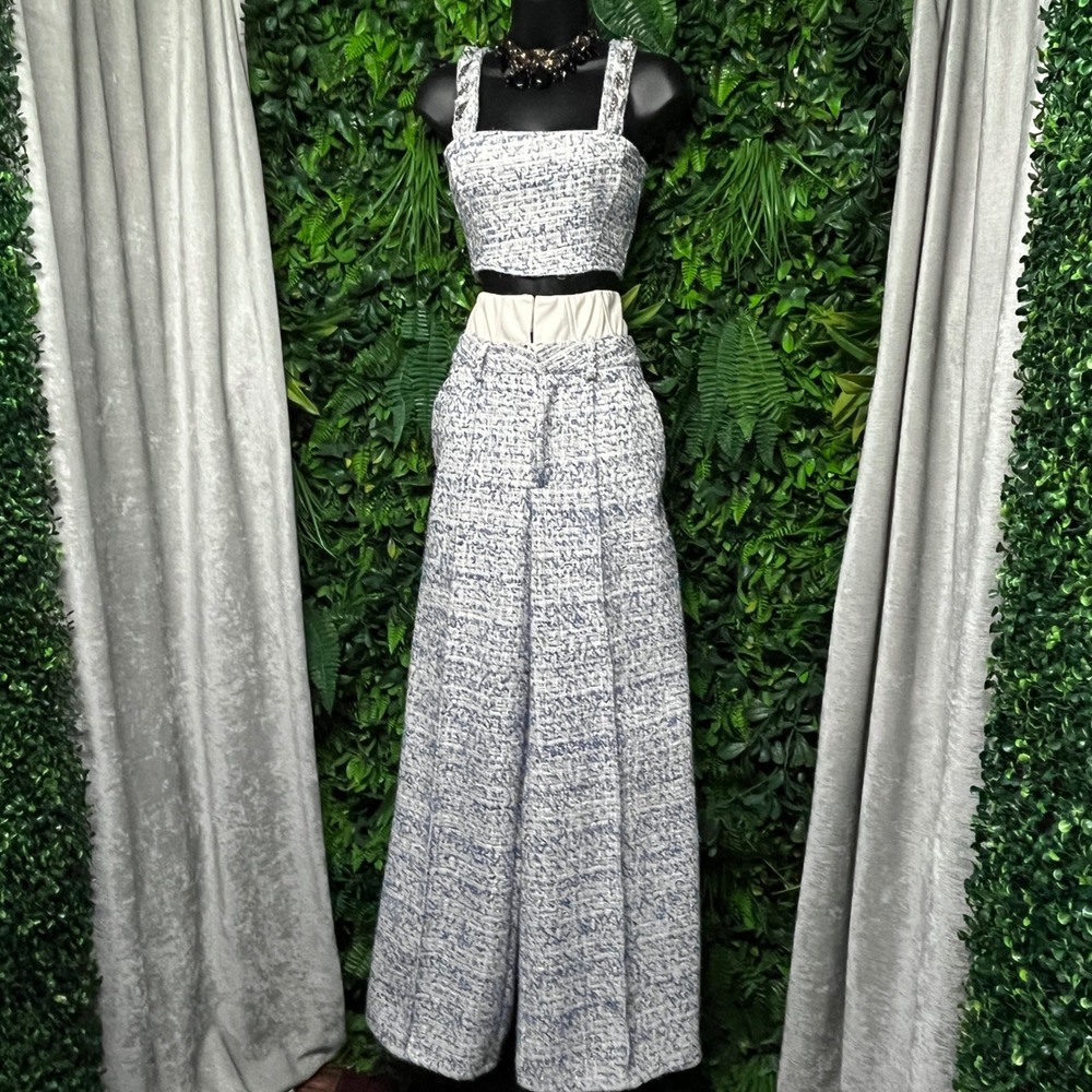 Maniere De Voir Pantsuit Size 4 Blue White Tweed 2 Piece Crop Top Wide Leg 4119